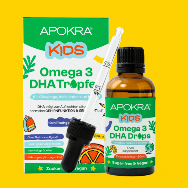 APOKRA Kids Vegane Omega 3 DHA Tropfen – Für Kinder, Gehirn, Augen & Herz | 50 ml