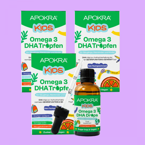 APOKRA Kids Vegane Omega 3 DHA Tropfen – 3er Pack | Für Kinder, Gehirn, Augen & Herz